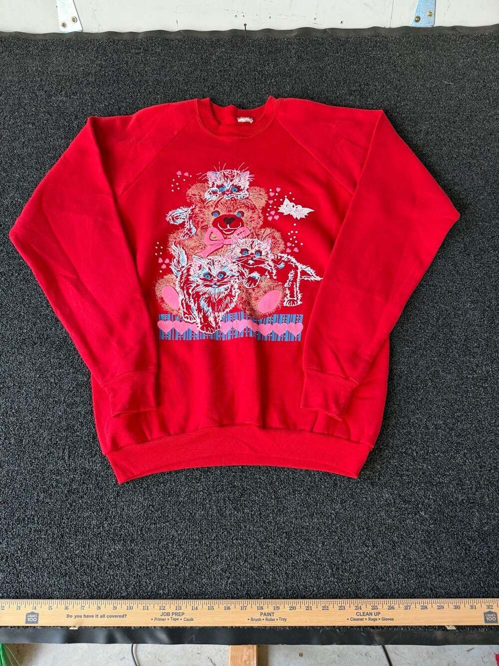 Vintage Red Kittens and Teddy Bear Graphic Raglan Sweatshirt XL